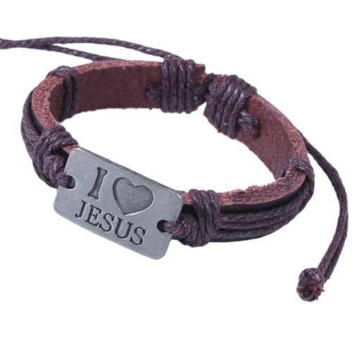 Handmade Genuine Leather Wrap Bracelet With I Love Heart Jesus Charm Brown
